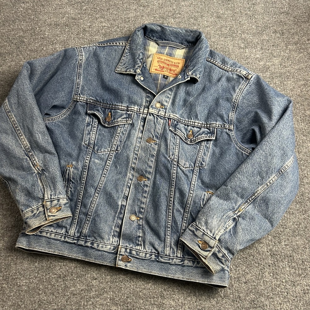 Vintage Levi's Denim Bomber Jacket Mens Medium Blue Plaid Lined Made USA